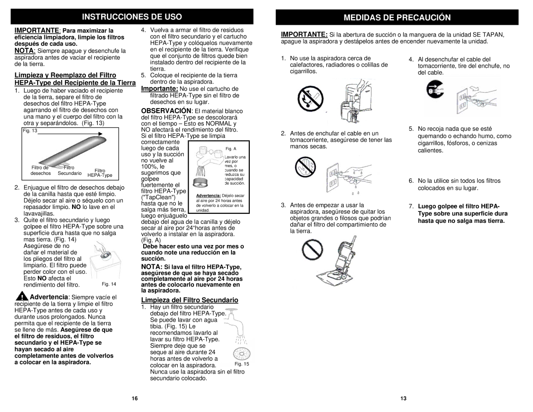 Shark EP600BL, EP600NF owner manual Instrucciones DE USO Medidas DE Precaución, Limpieza del Filtro Secundario 