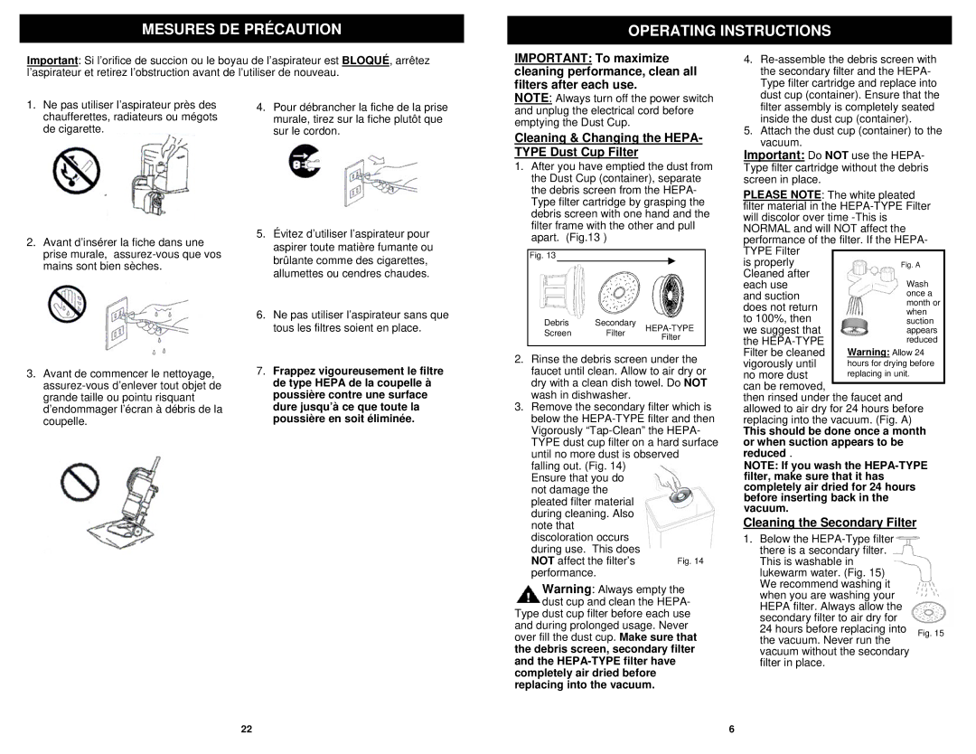 Shark EP600BL, EP600NF owner manual Mesures DE Précaution Operating Instructions, Cleaning the Secondary Filter 