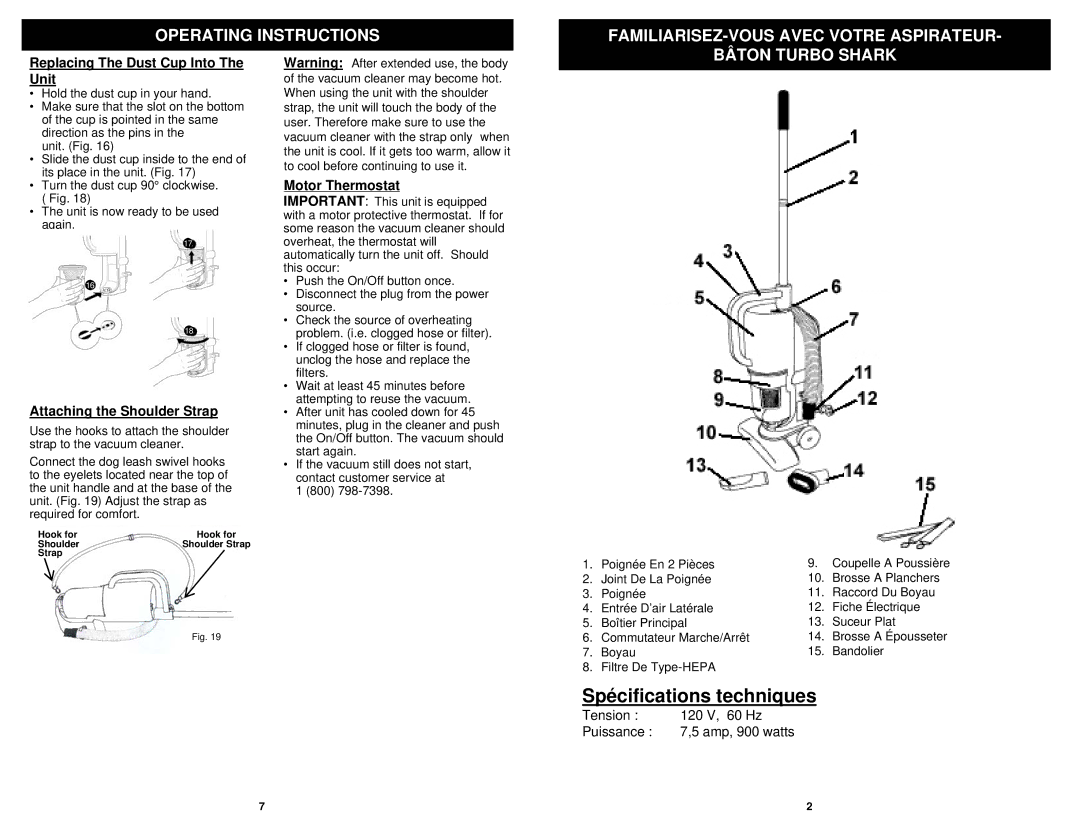 Shark EP600NF Bâton Turbo Shark, Replacing The Dust Cup Into The Unit, Attaching the Shoulder Strap, Poignée En 2 Pièces 