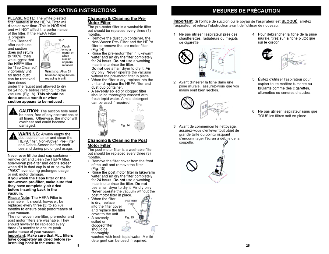 Shark EP602F, EP602RF owner manual Operating Instructions Mesures DE Précaution, Changing & Cleaning the Pre- Motor Filter 