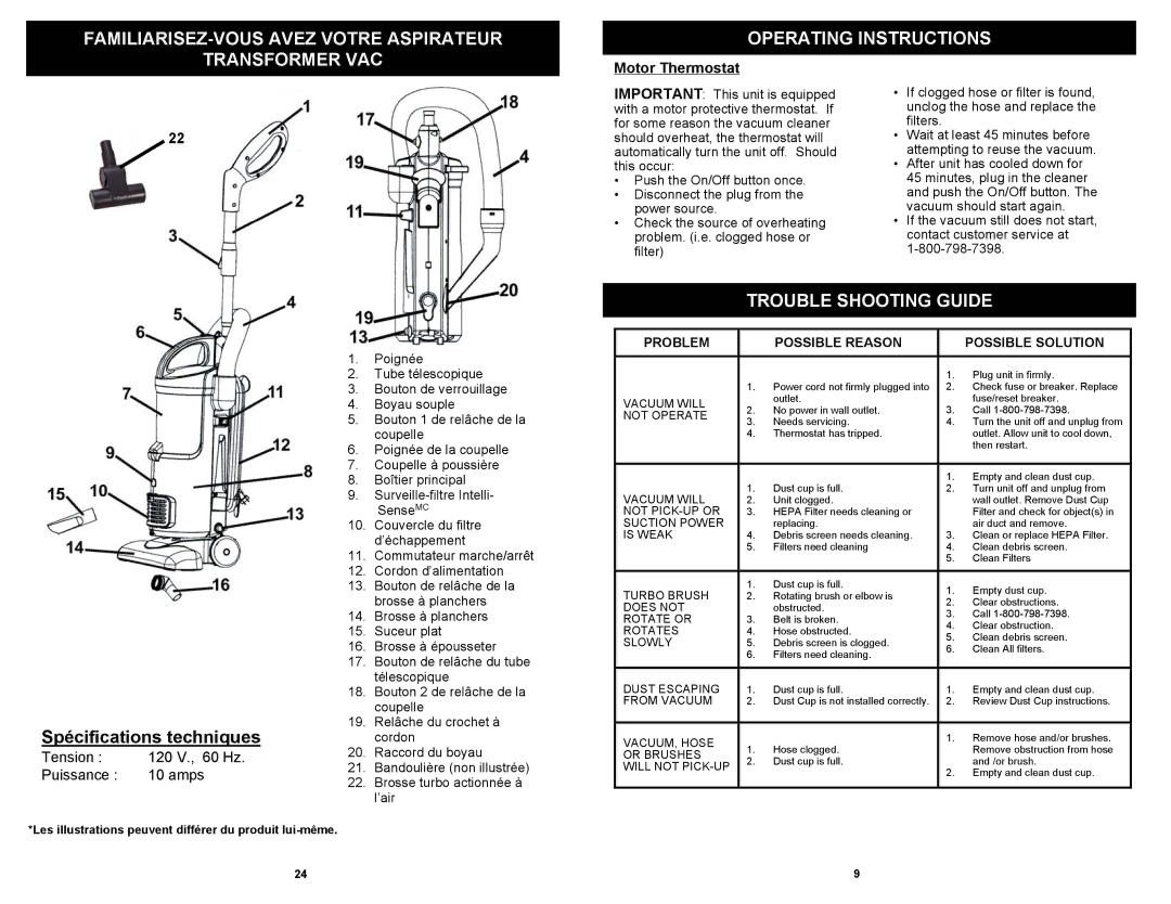 Shark EP602RF, EP602F owner manual Trouble Shooting Guide, Spécifications techniques, Motor Thermostat 