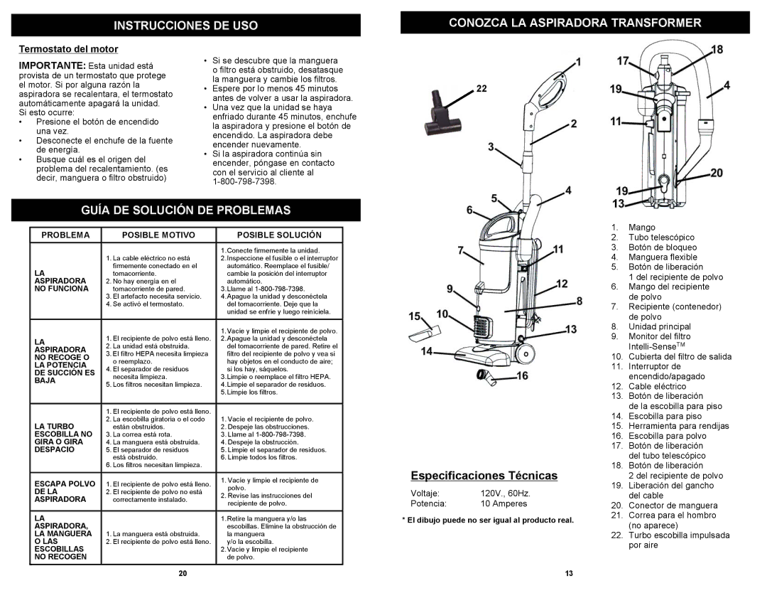 Shark EP602 Instrucciones DE USO Conozca LA Aspiradora Transformer, Guía DE Solución DE Problemas, Termostato del motor 