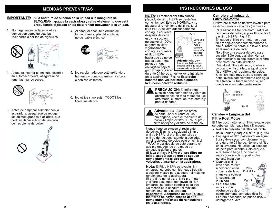 Shark EP602F Medidas Preventivas Instrucciones DE USO, Advertencia Siempre antes, Cambio y Limpieza del Filtro Pre-Motor 