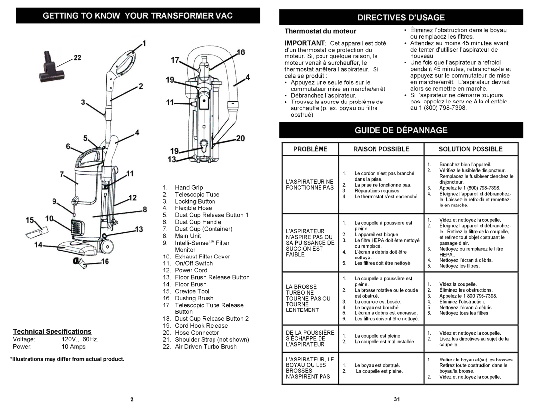 Shark EP602F, EP602RF Getting to Know Your Transformer VAC Directives D’USAGE, Guide DE Dépannage, Thermostat du moteur 