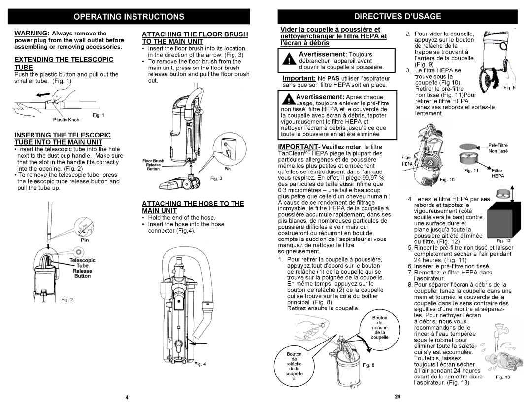 Shark EP602 Operating Instructions Directives D’USAGE, Extending the Telescopic Tube, Attaching the Hose to the Main Unit 