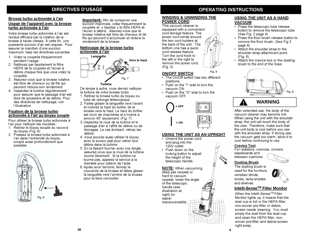 Shark EP602F, EP602RF Directives D’USAGE Operating Instructions, Winding & Unwinding the Power Cord, ON/OFF Switch 