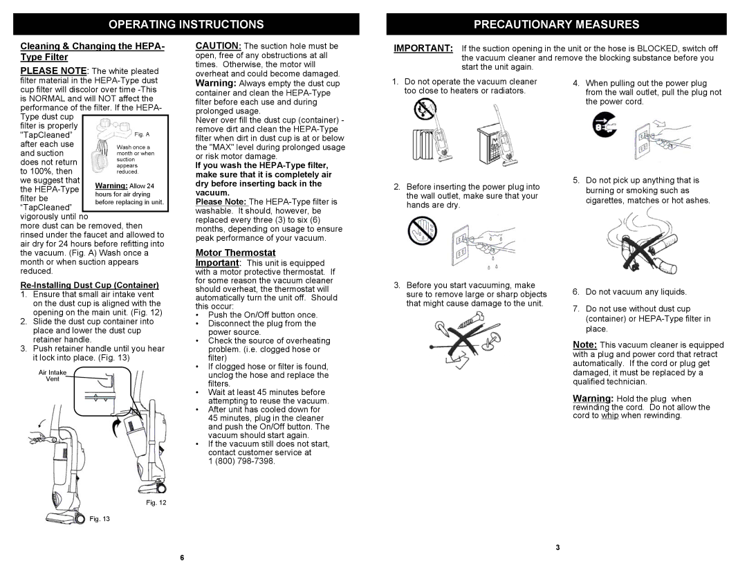 Shark EP604 Operating Instructions Precautionary Measures, Cleaning & Changing the HEPA- Type Filter, Motor Thermostat 