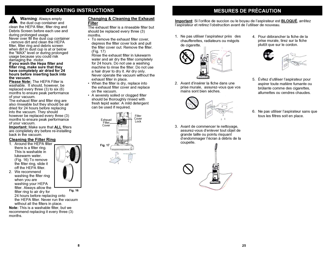 Shark EP621 Operating Instructions Mesures DE Précaution, Changing & Cleaning the Exhaust Filter, Cleaning the Filter Ring 