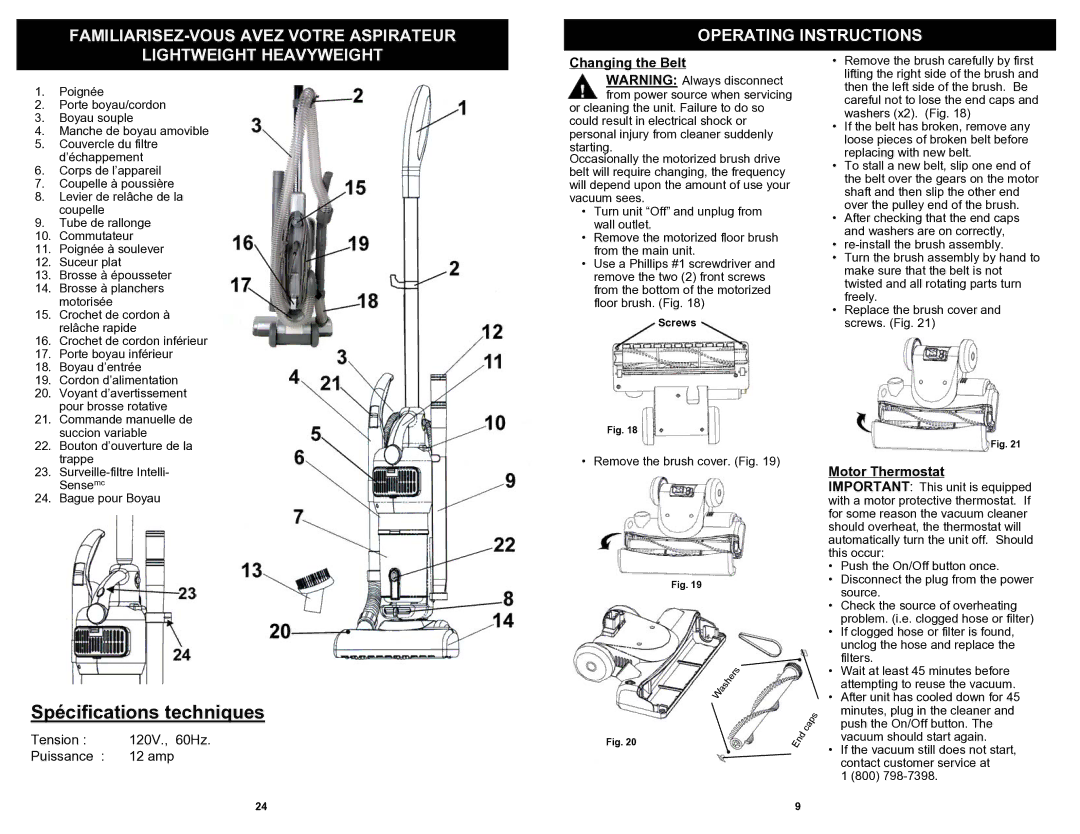 Shark EP621 owner manual Changing the Belt, Motor Thermostat 