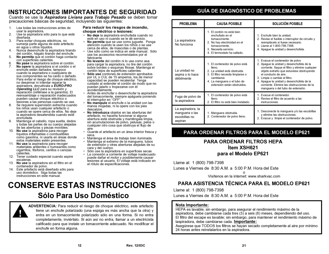 Shark owner manual Guía DE Diagnóstico DE Problemas, Para Ordenar Filtros Para EL Modelo EP621, Nota Importante 