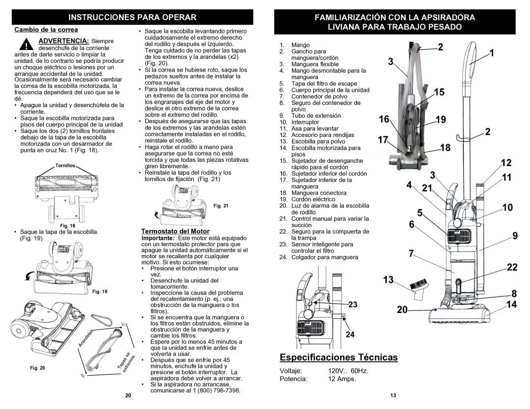 Shark EP621 Instrucciones Para Operar Familiarización CON LA Apsiradora, Liviana Para Trabajo Pesado, Termostato del Motor 