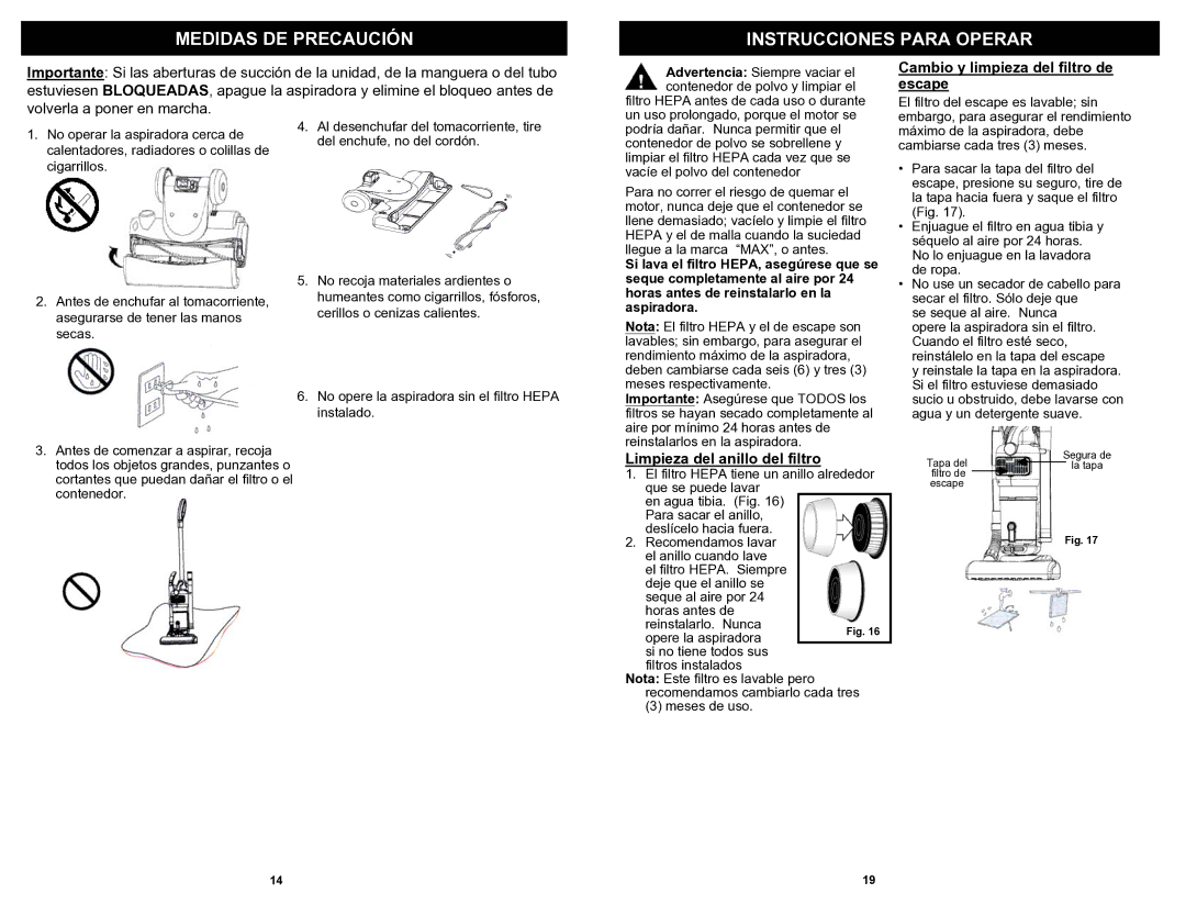 Shark EP621 owner manual Medidas DE Precaución Instrucciones Para Operar, Cambio y limpieza del filtro de escape 