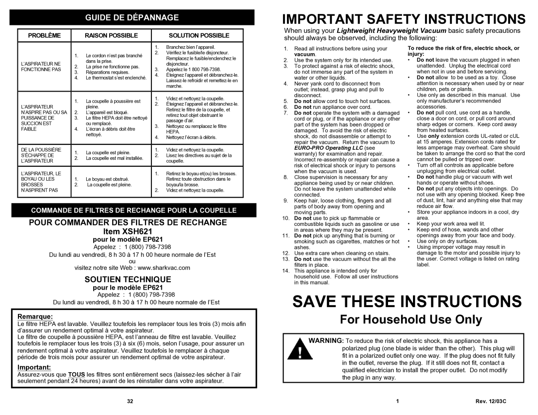 Shark owner manual Guide DE Dépannage, Pour le modèle EP621, Remarque 