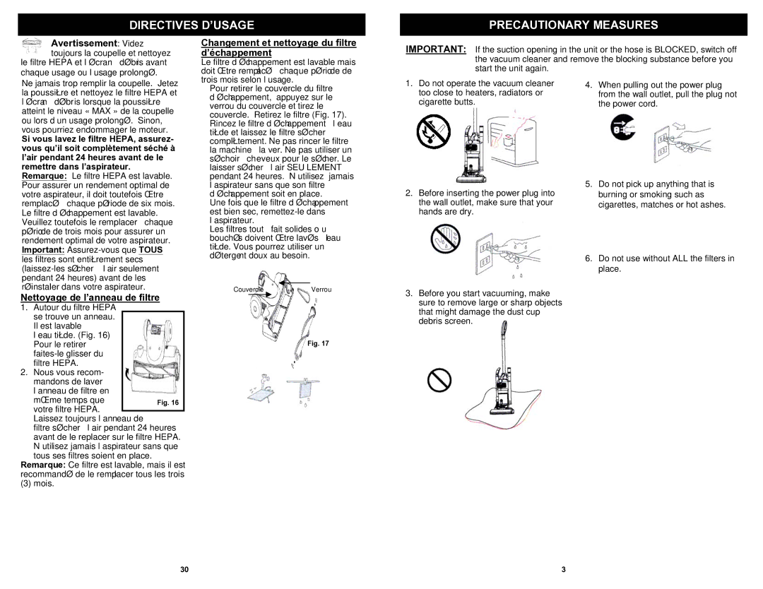 Shark EP621 owner manual Directives D’USAGE Precautionary Measures, Avertissement Videz toujours la coupelle et nettoyez 