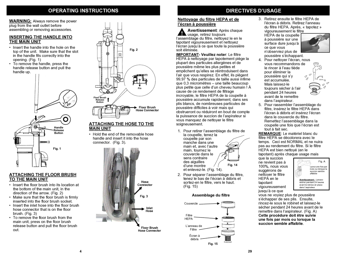 Shark EP621 owner manual Operating Instructions Directives D’USAGE, Inserting the Handle Into the Main Unit 