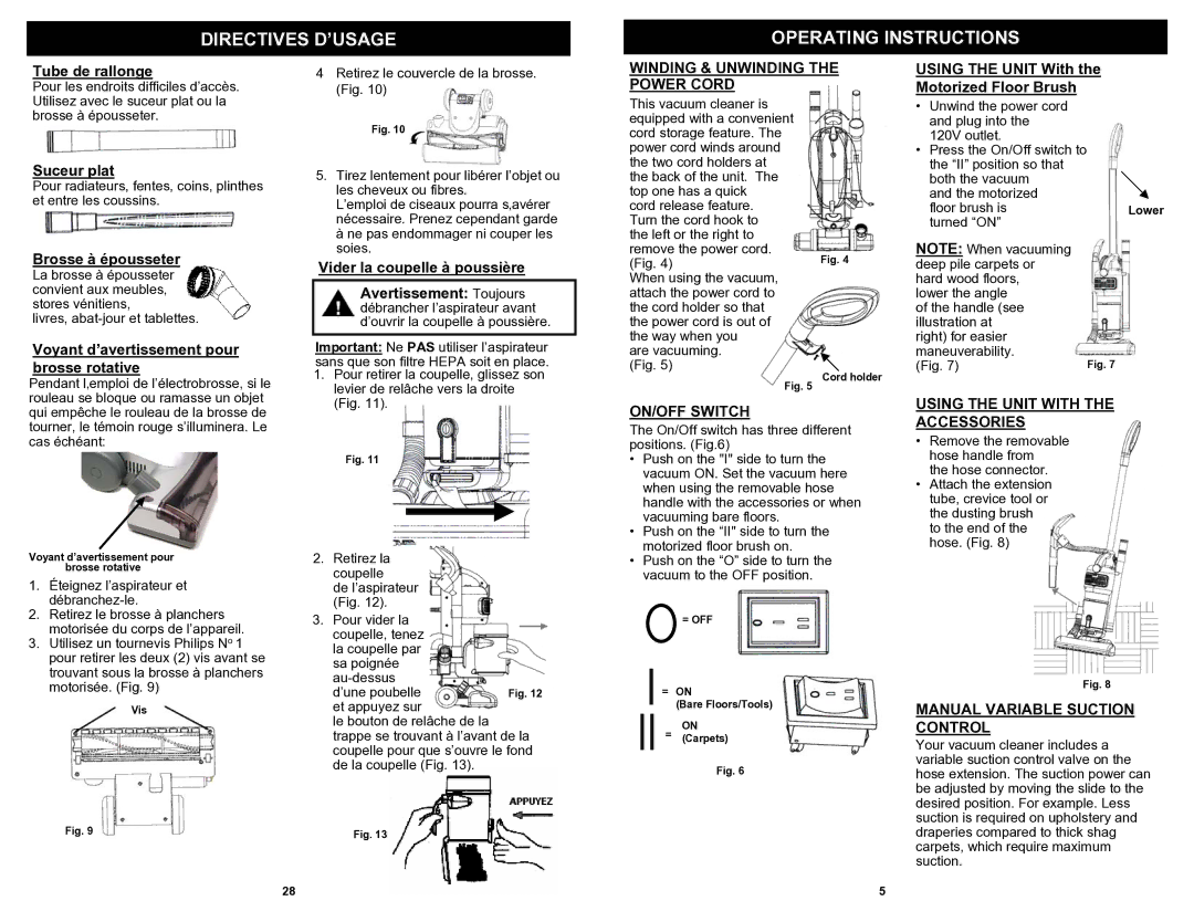 Shark EP621 owner manual Directives D’USAGE Operating Instructions, Winding & Unwinding the Power Cord, ON/OFF Switch 