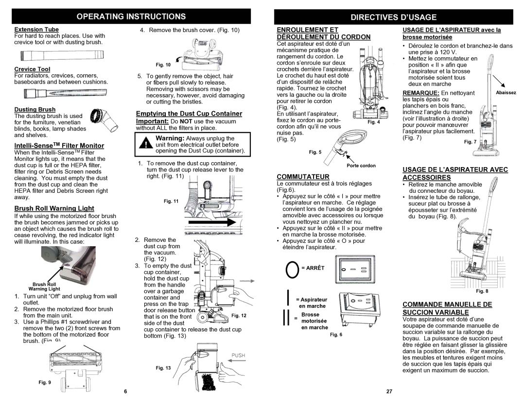 Shark EP621 owner manual Enroulement ET Déroulement DU Cordon, Commutateur, Usage DE L’ASPIRATEUR Avec Accessoires 