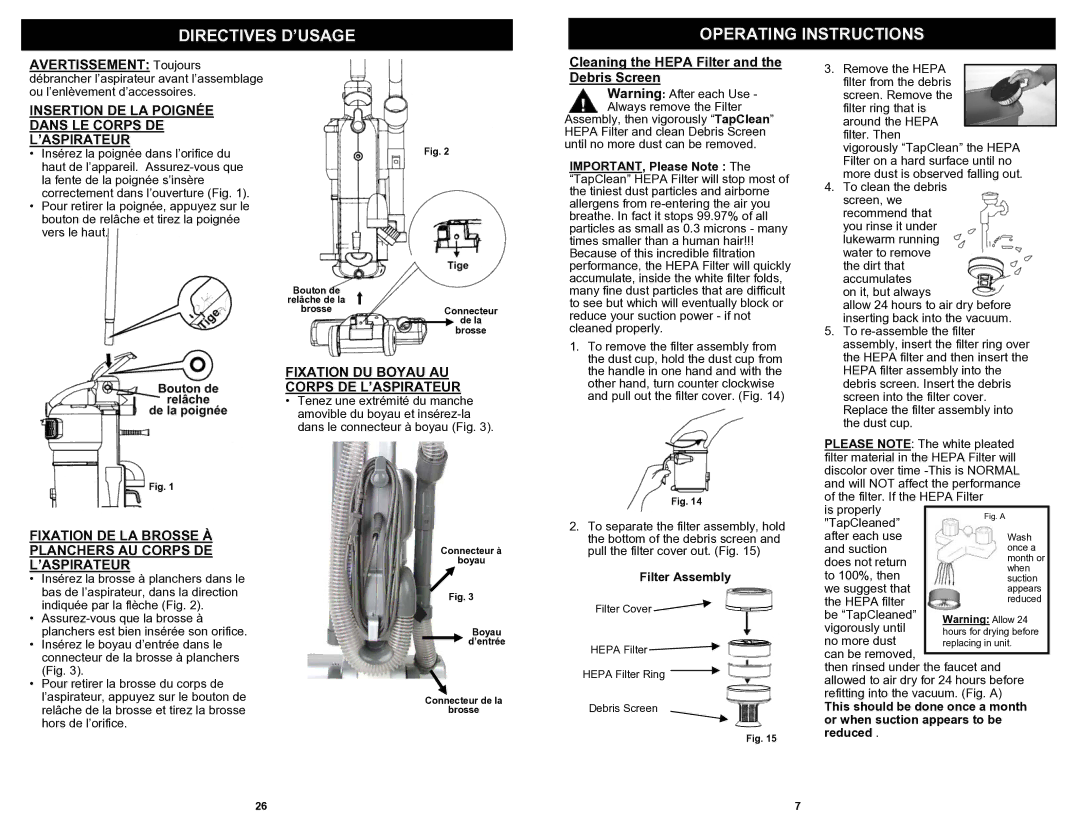 Shark EP621 owner manual Insertion DE LA Poignée Dans LE Corps DE L’ASPIRATEUR, Fixation DU Boyau AU Corps DE L’ASPIRATEUR 