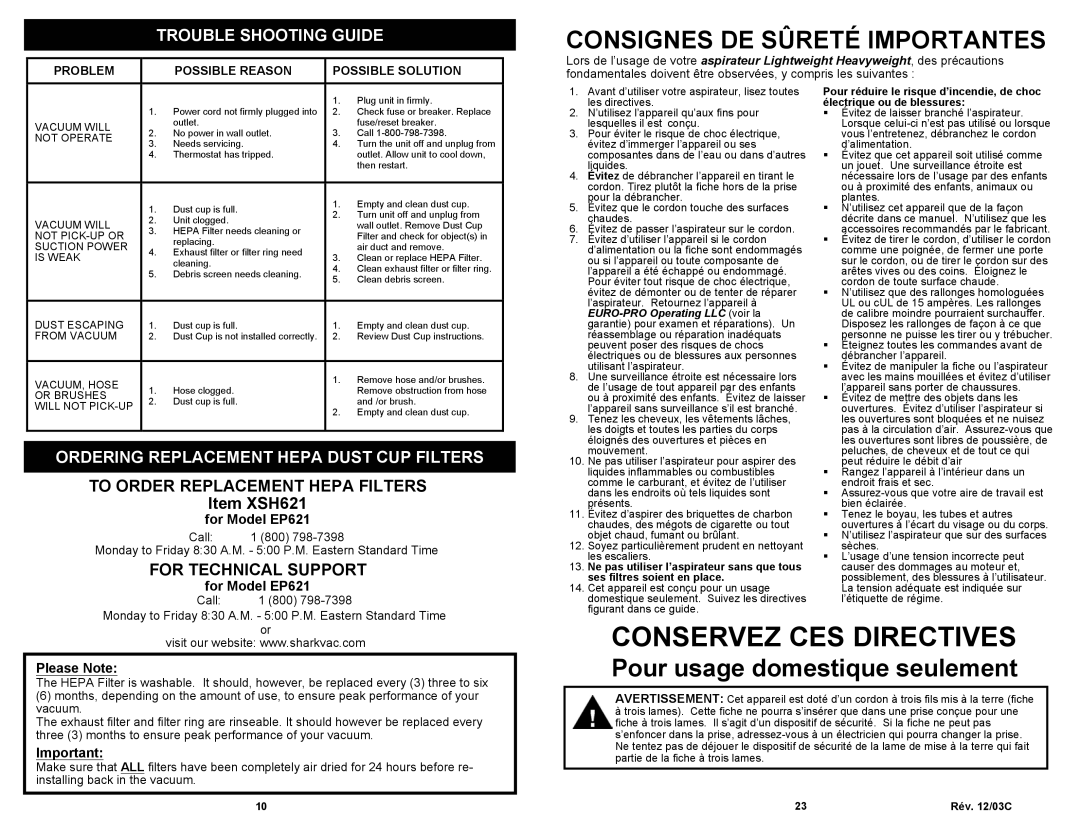 Shark Conservez Ces Directives, Consignes De Sûreté Importantes, Pour usage domestique seulement, for Model EP621 