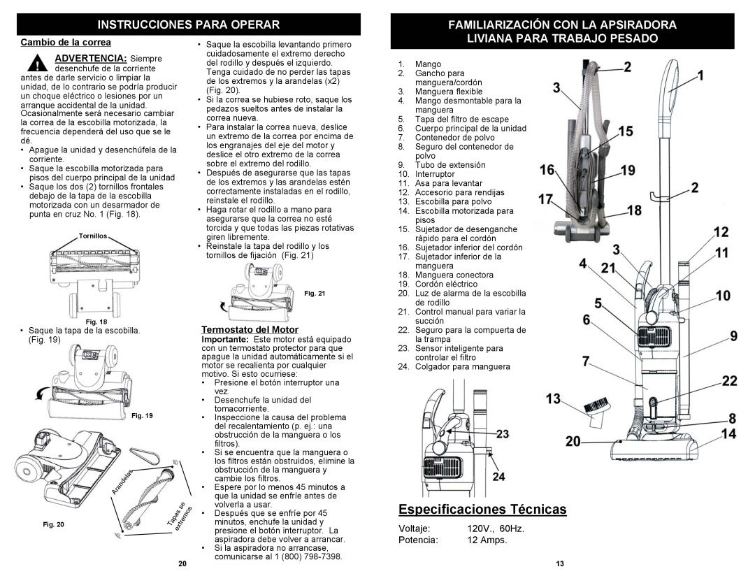 Shark EP621 Especificaciones Técnicas, Instrucciones Para Operar, Familiarización Con La Apsiradora, Termostato del Motor 