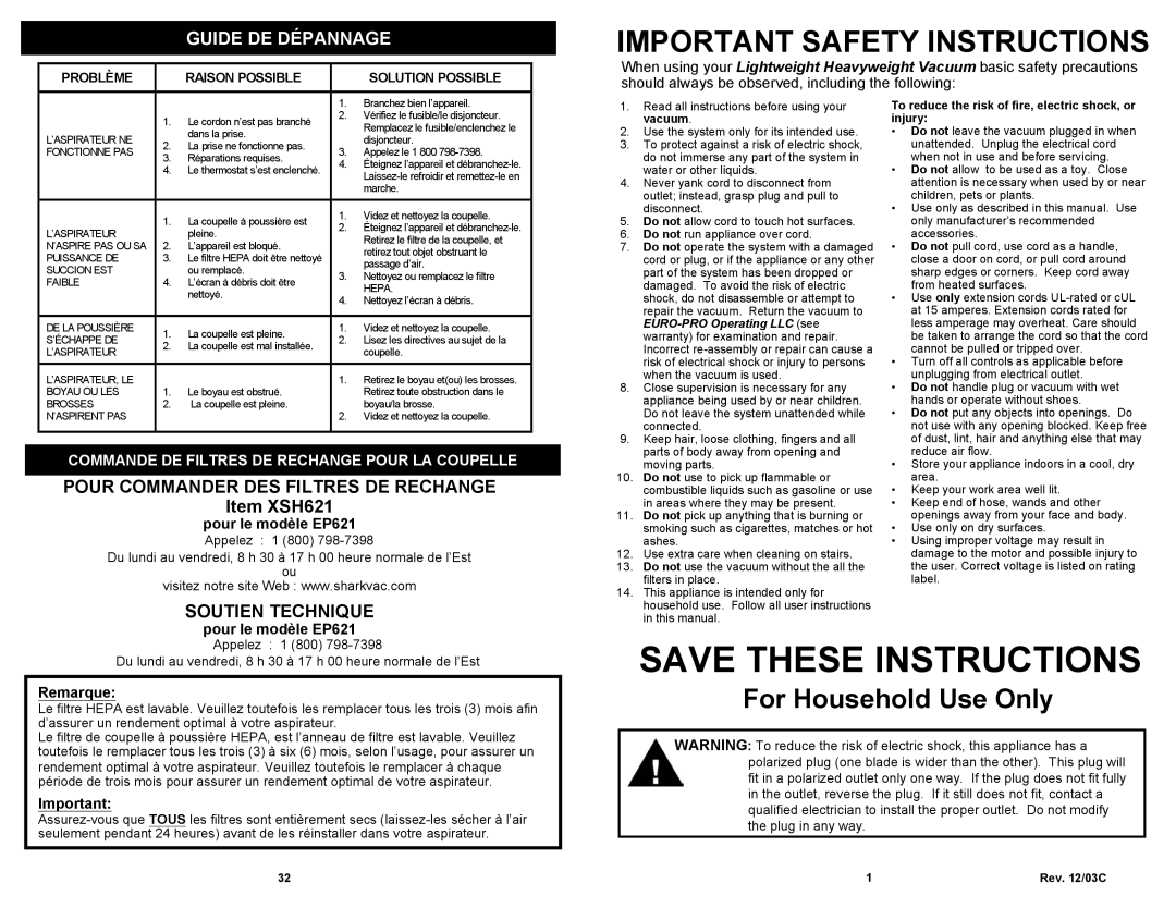 Shark EP621 Important Safety Instructions, For Household Use Only, Guide De Dépannage, Soutien Technique, Remarque 