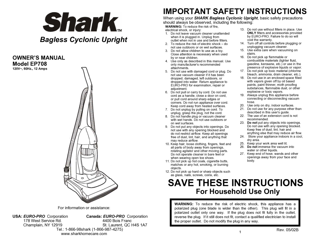 Shark EP708 important safety instructions Important Safety Instructions 