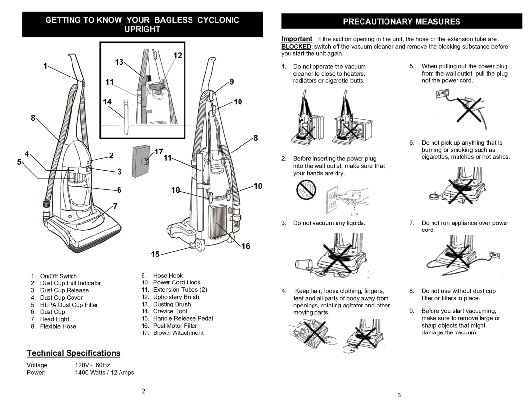 Shark EP708 important safety instructions Technical Specifications 