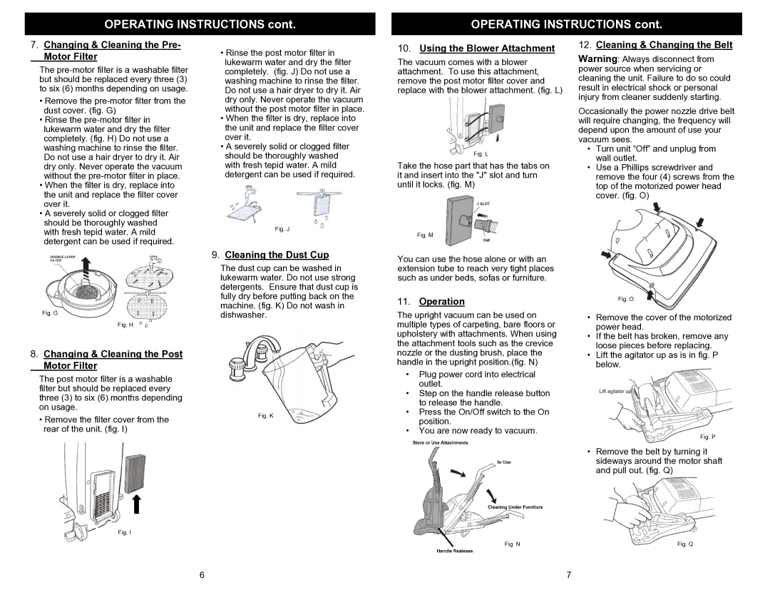 Shark EP708 Changing & Cleaning the Pre- Motor Filter, Using the Blower Attachment, Cleaning & Changing the Belt 