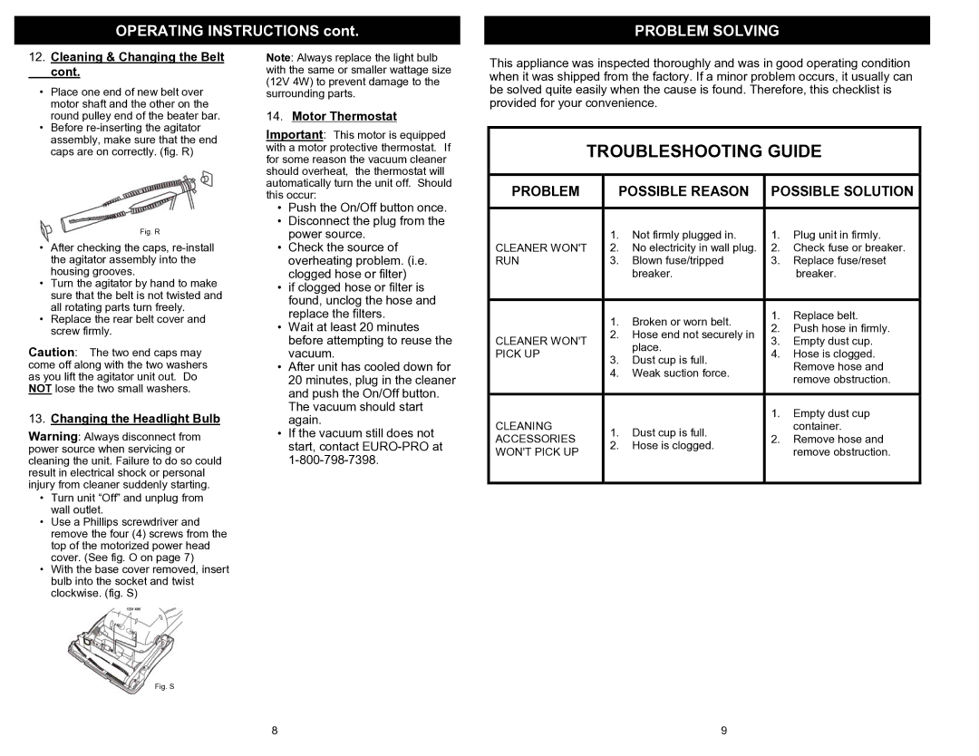 Shark EP708 Troubleshooting Guide, Problem Solving, Changing the Headlight Bulb, Motor Thermostat 