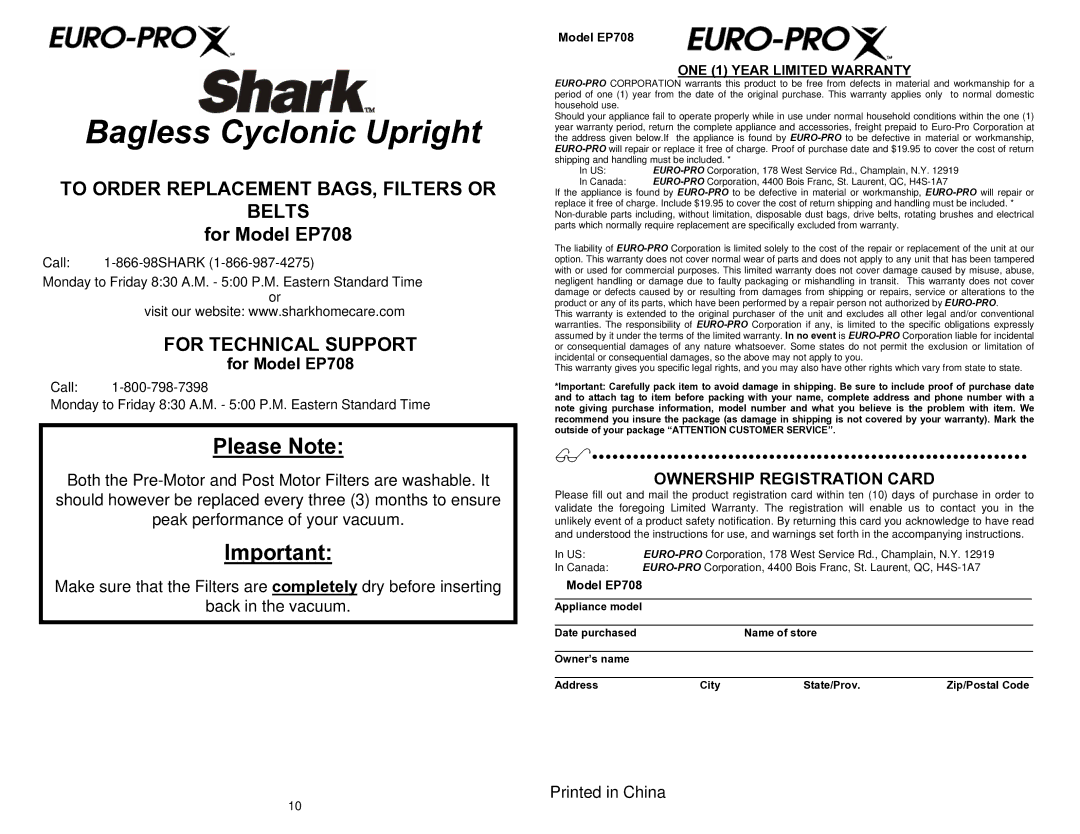 Shark EP708 important safety instructions To Order Replacement BAGS, Filters or Belts, For Technical Support 