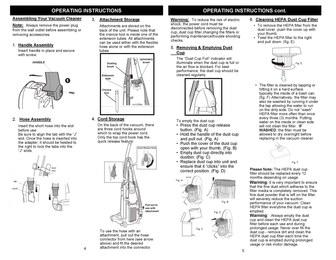 Shark EP708 Operating Instructions, OPERATING INSTRUCTIONS cont, Assembling Your Vacuum Cleaner, Handle Assembly 