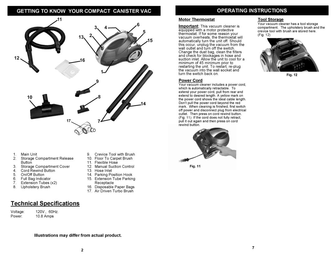 Shark EP709T owner manual Motor Thermostat, Power Cord, Tool Storage, Illustrations may differ from actual product 