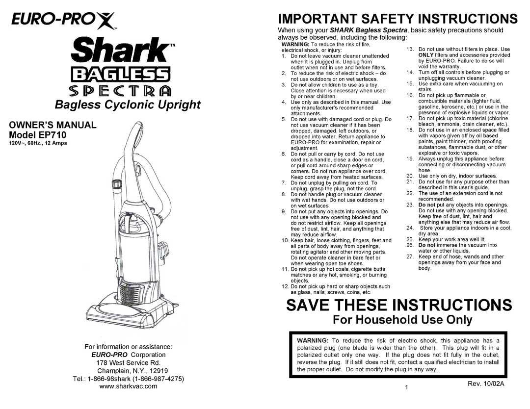 Shark EP710 owner manual Important Safety Instructions 