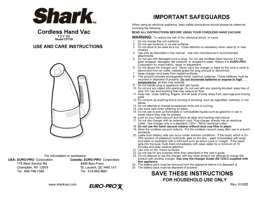 Shark EP730 manual USE and Care Instructions, For Household USE only 