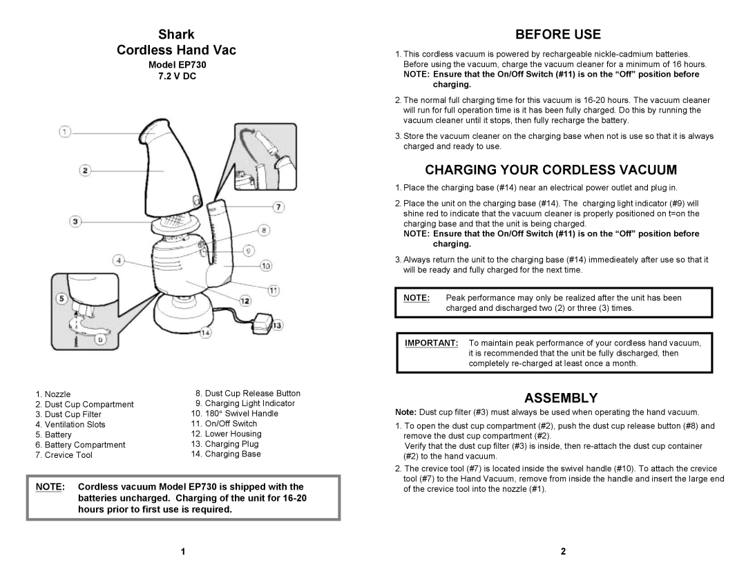 Shark EP730 manual Shark Cordless Hand Vac, Before USE, Charging Your Cordless Vacuum, Assembly 