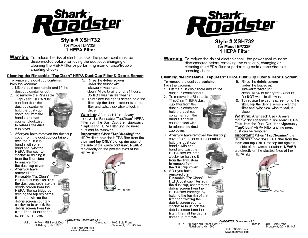 Shark EP732F manual Style # XSH732, EURO-PRO Operating LLC 