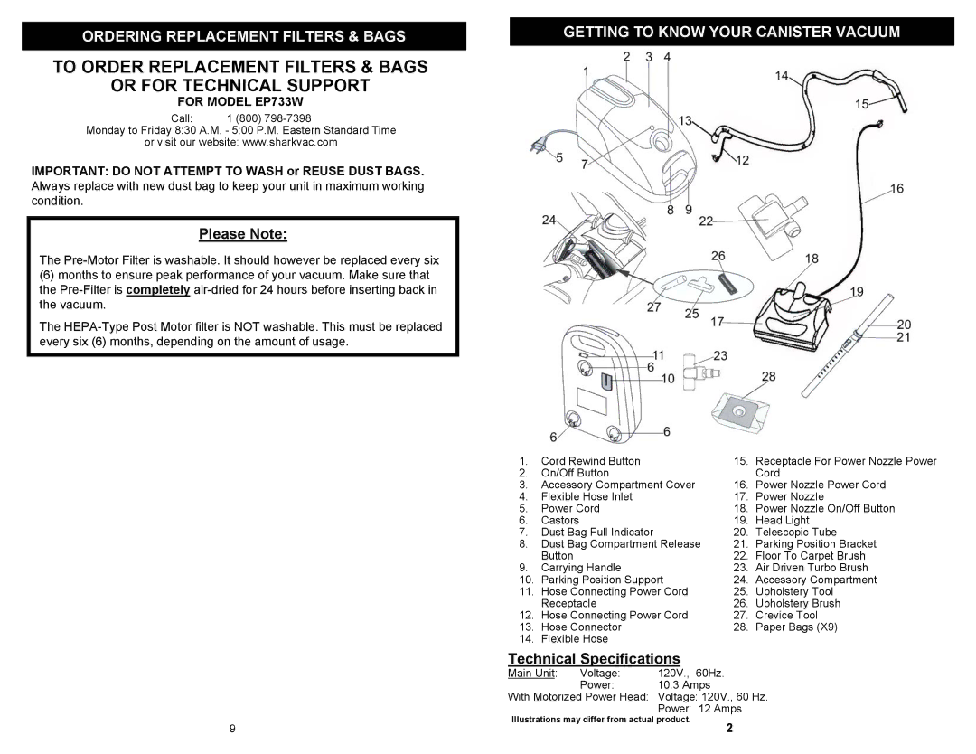Shark EP733W owner manual Ordering Replacement Filters & Bags, Getting to Know Your Canister Vacuum 