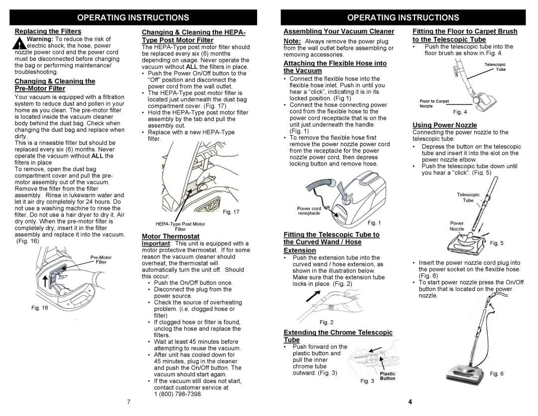 Shark EP733W owner manual Replacing the Filters, Changing & Cleaning Pre-Motor Filter, Motor Thermostat, Using Power Nozzle 