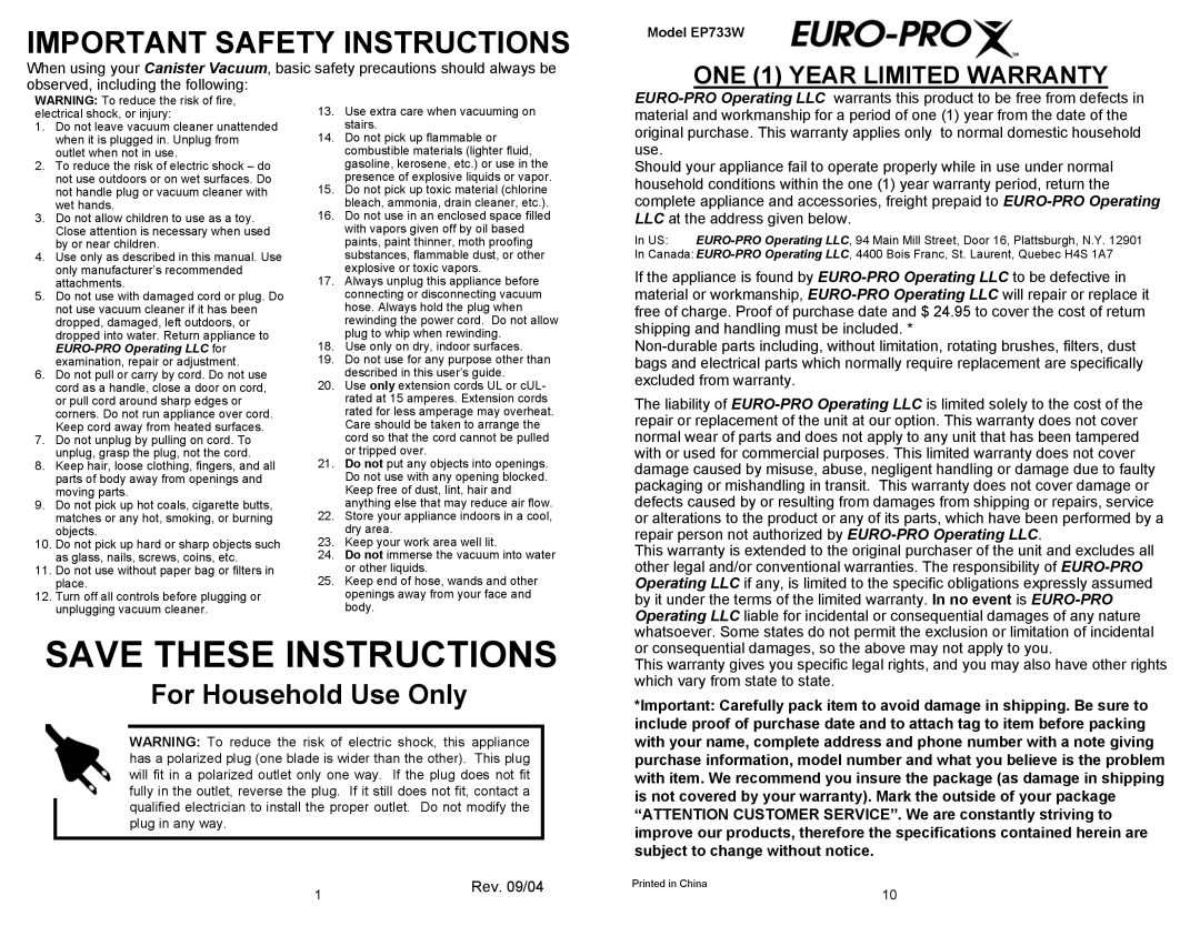 Shark EP733W Save These Instructions, Important Safety Instructions, For Household Use Only, ONE 1 YEAR LIMITED WARRANTY 