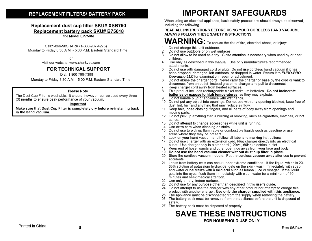 Shark EP750M manual Important Safeguards 