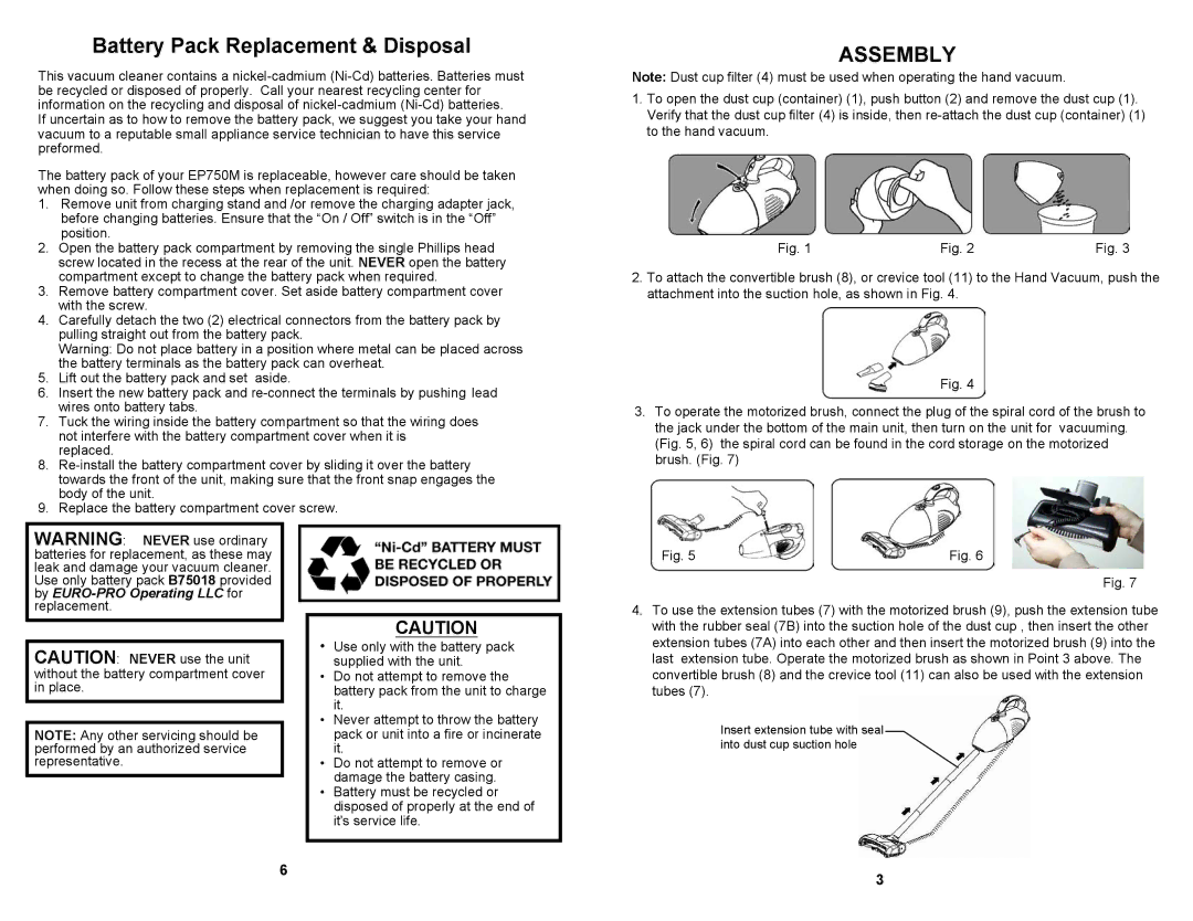 Shark EP750M manual Battery Pack Replacement & Disposal, Assembly 