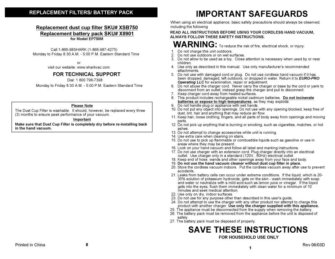 Shark EP750M manual Important Safeguards 