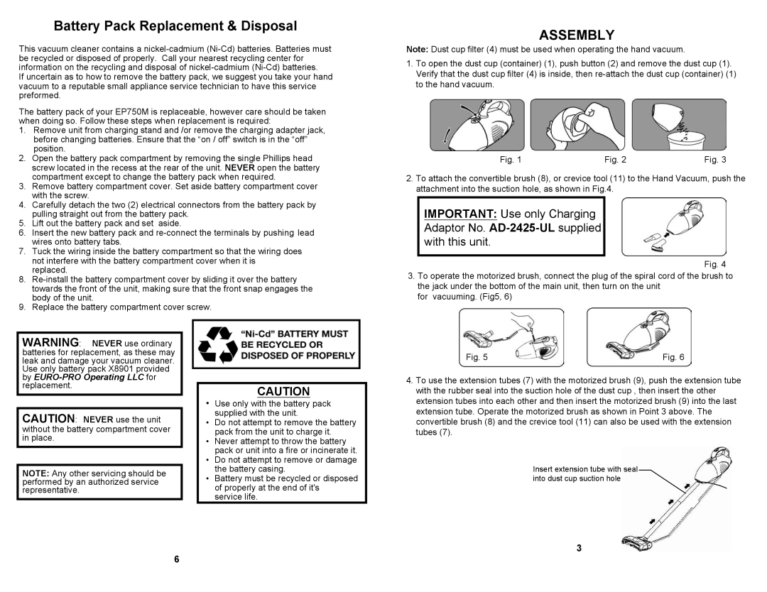 Shark EP750M manual Battery Pack Replacement & Disposal, Assembly 