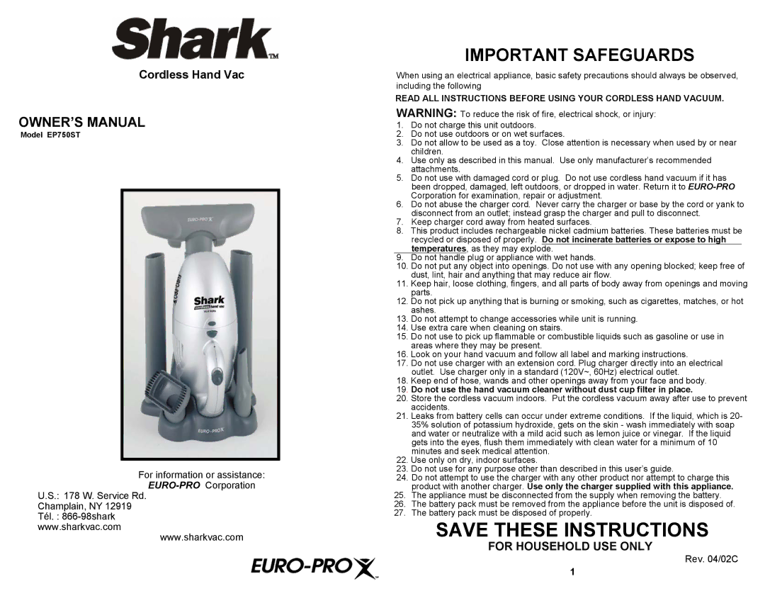 Shark EP750ST owner manual Important Safeguards 