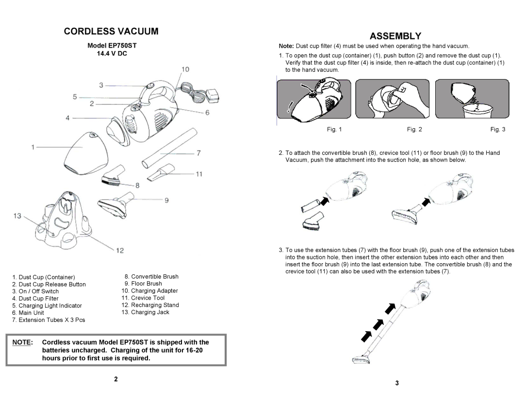 Shark EP750ST owner manual Cordless Vacuum, Assembly 