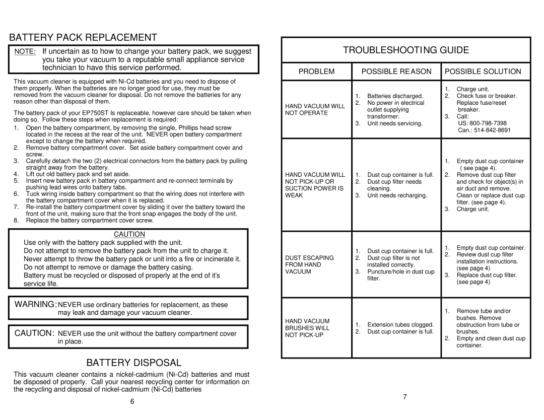 Shark EP750ST owner manual Battery Pack Replacement, Battery Disposal 