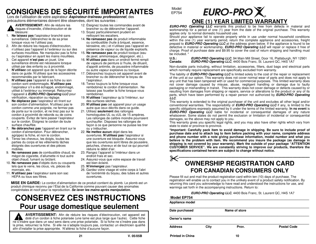 Shark EP754 owner manual ONE 1 Year Limited Warranty, For Canadian Consumers only 