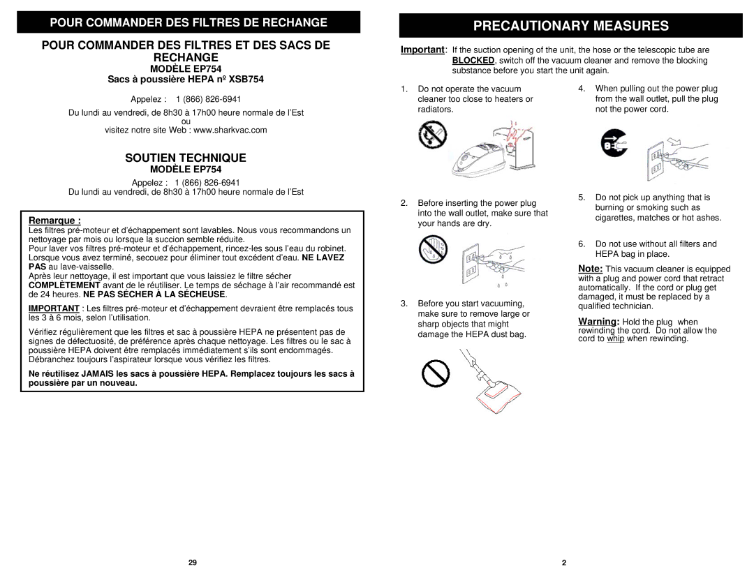 Shark owner manual Pour Commander DES Filtres DE Rechange, Modèle EP754, Sacs à poussière Hepa nº XSB754, Remarque 