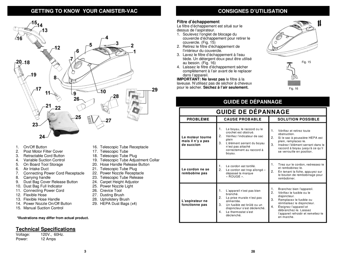 Shark EP754 Getting to Know Your CANISTER-VAC Consignes D’UTILISATION, Guide DE Dépannage, Filtre d’échappement 