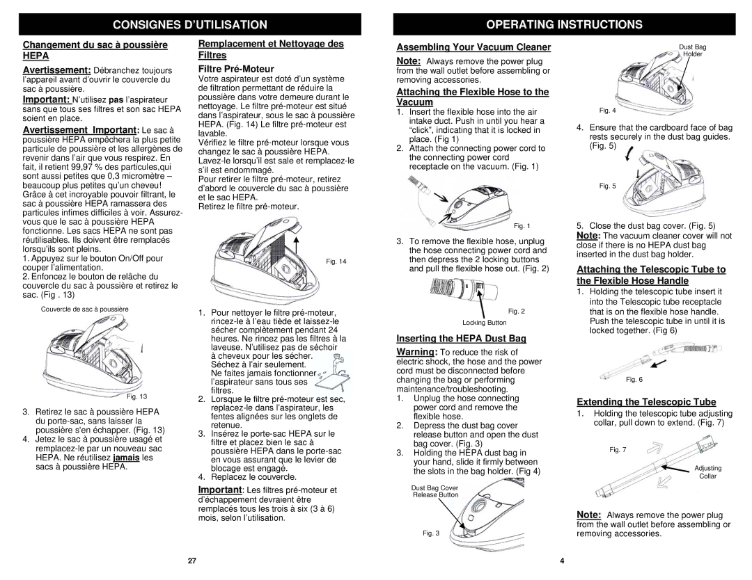 Shark EP754 owner manual Consignes D’UTILISATION Operating Instructions, Hepa 